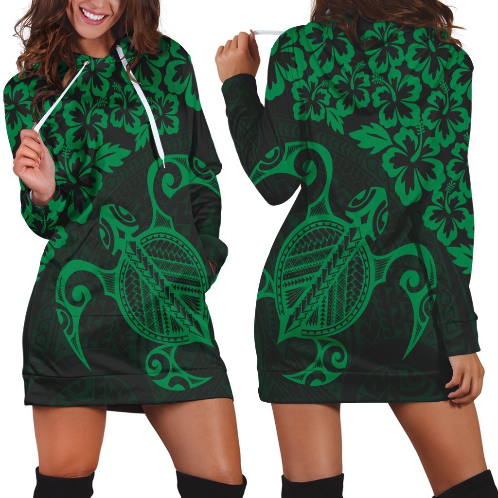 Hawaiian Map Turtle Hibiscus Kanaka Polynesian Hoodie Dress - Green - AH Black - Polynesian Pride