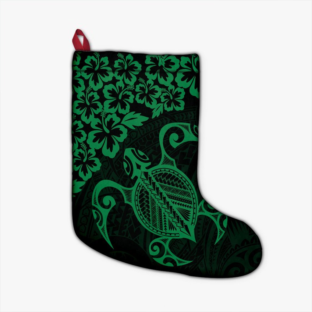 Hawaiian Map Turtle Hibiscus Kanaka Polynesian Christmas Stocking - Green - AH Christmas Stocking 26 X 42 cm Black - Polynesian Pride