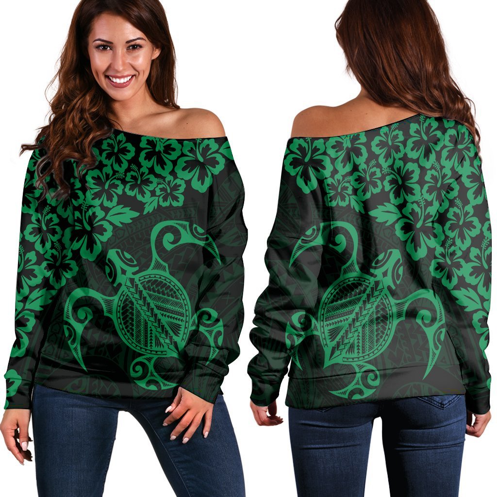 Hawaiian Map Turtle Hibiscus Kanaka Polynesian Women's Off Shoulder Sweater - Green - AH Black - Polynesian Pride