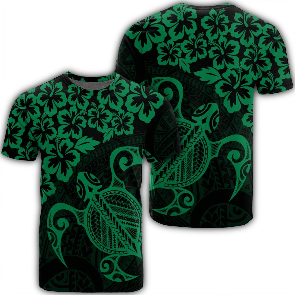 Hawaiian Map Turtle Hibiscus Kanaka Polynesian T Shirt Green Unisex Black - Polynesian Pride