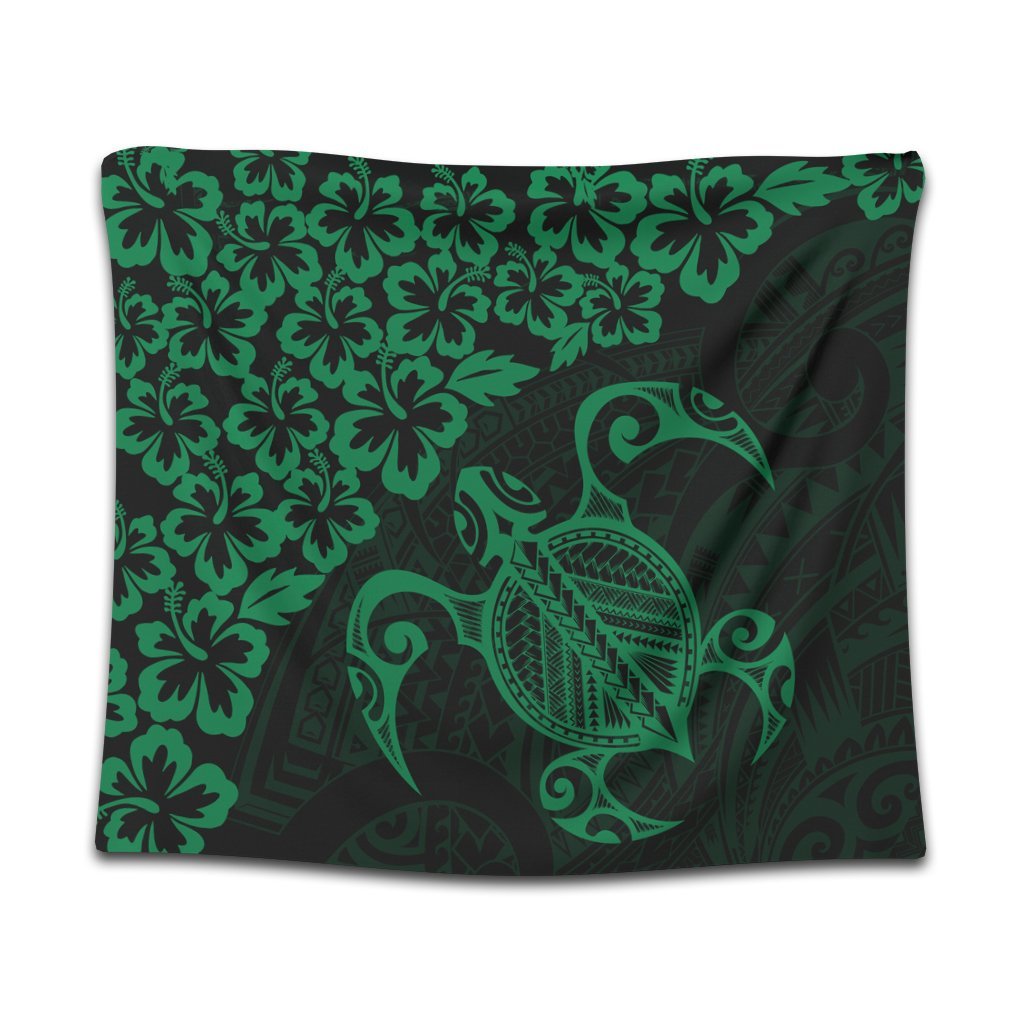 Hawaiian Map Turtle Hibiscus Kanaka Polynesian Tapestry - Green - AH Wall Tapestry Black - Polynesian Pride