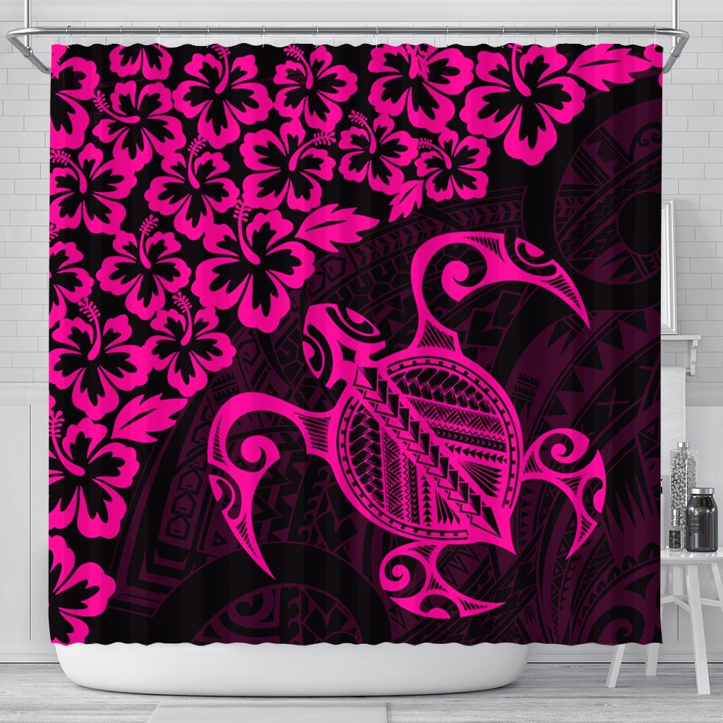 Hawaiian Map Turtle Hibiscus Kanaka Polynesian Shower Curtain - Pink - AH 177 x 172 (cm) Black - Polynesian Pride