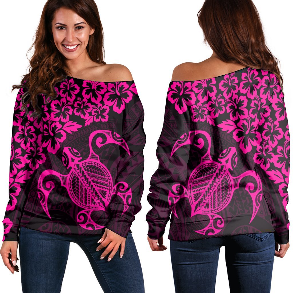 Hawaiian Map Turtle Hibiscus Kanaka Polynesian Women's Off Shoulder Sweater - Pink - AH Black - Polynesian Pride