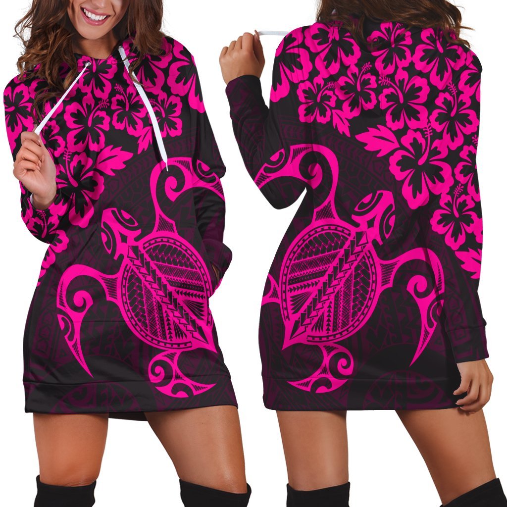 Hawaiian Map Turtle Hibiscus Kanaka Polynesian Hoodie Dress - Pink - AH Black - Polynesian Pride