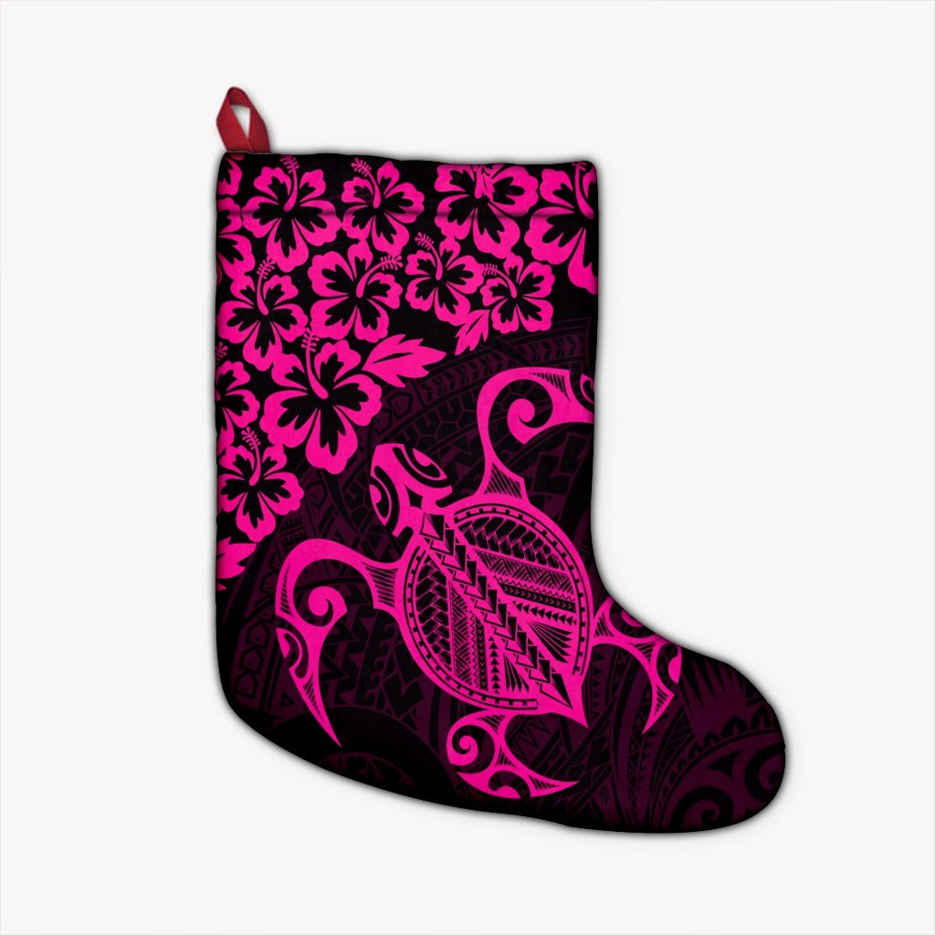 Hawaiian Map Turtle Hibiscus Kanaka Polynesian Christmas Stocking - Pink - AH Christmas Stocking 26 X 42 cm Black - Polynesian Pride