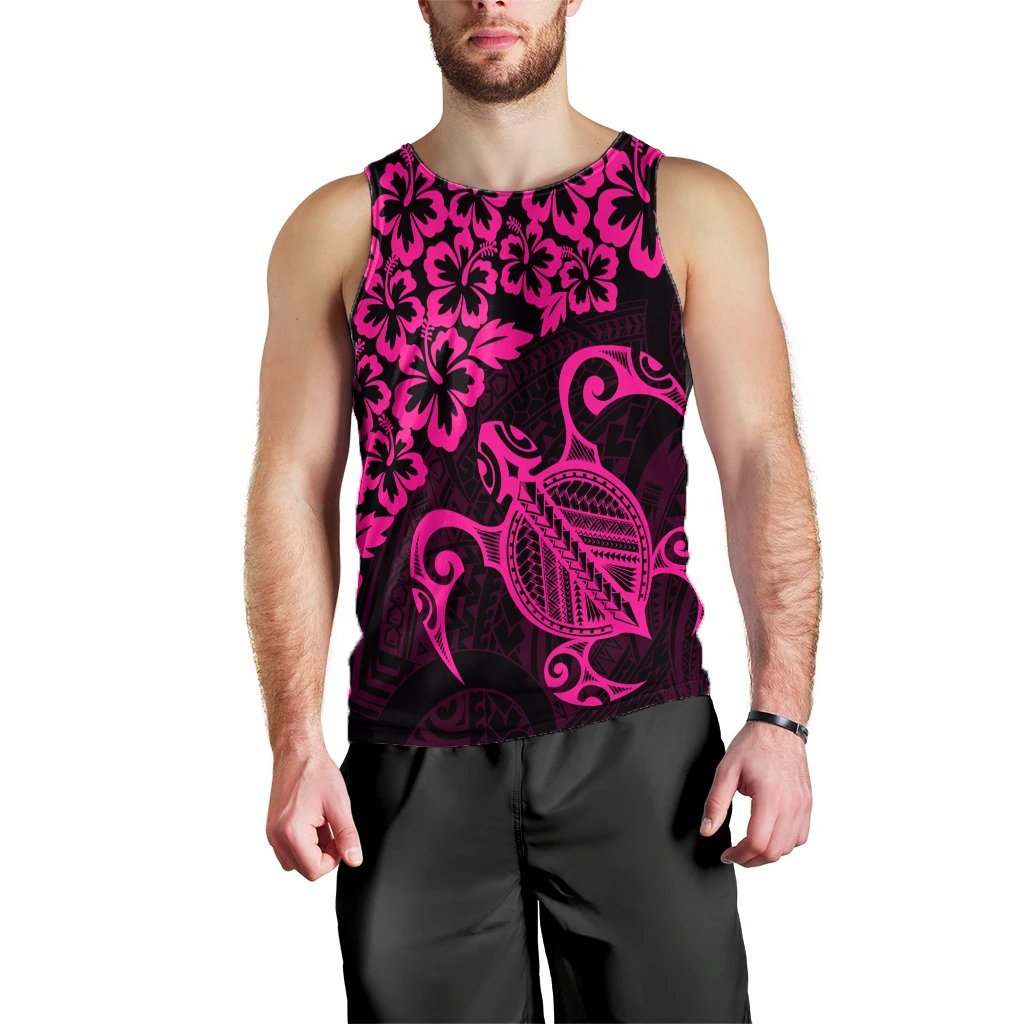 Hawaiian Map Turtle Hibiscus Kanaka Polynesian Tank Top - Pink - AH Black - Polynesian Pride