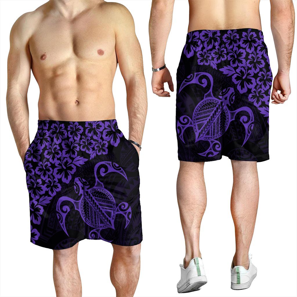 Hawaiian Map Turtle Hibiscus Kanaka Polynesian Men's Shorts - Purple - AH - Polynesian Pride