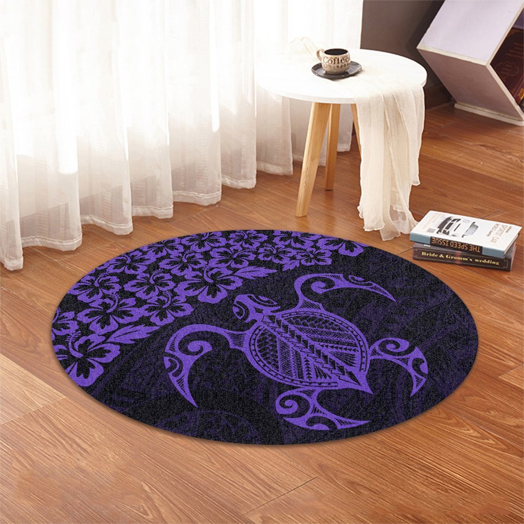 Hawaiian Map Turtle Hibiscus Kanaka Polynesian Round Carpet - Purple - AH - Polynesian Pride
