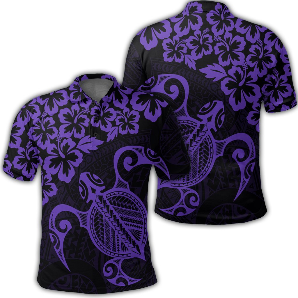 Hawaiian Map Turtle Hibiscus Kanaka Polynesian Polo Shirt Purple Unisex Black - Polynesian Pride