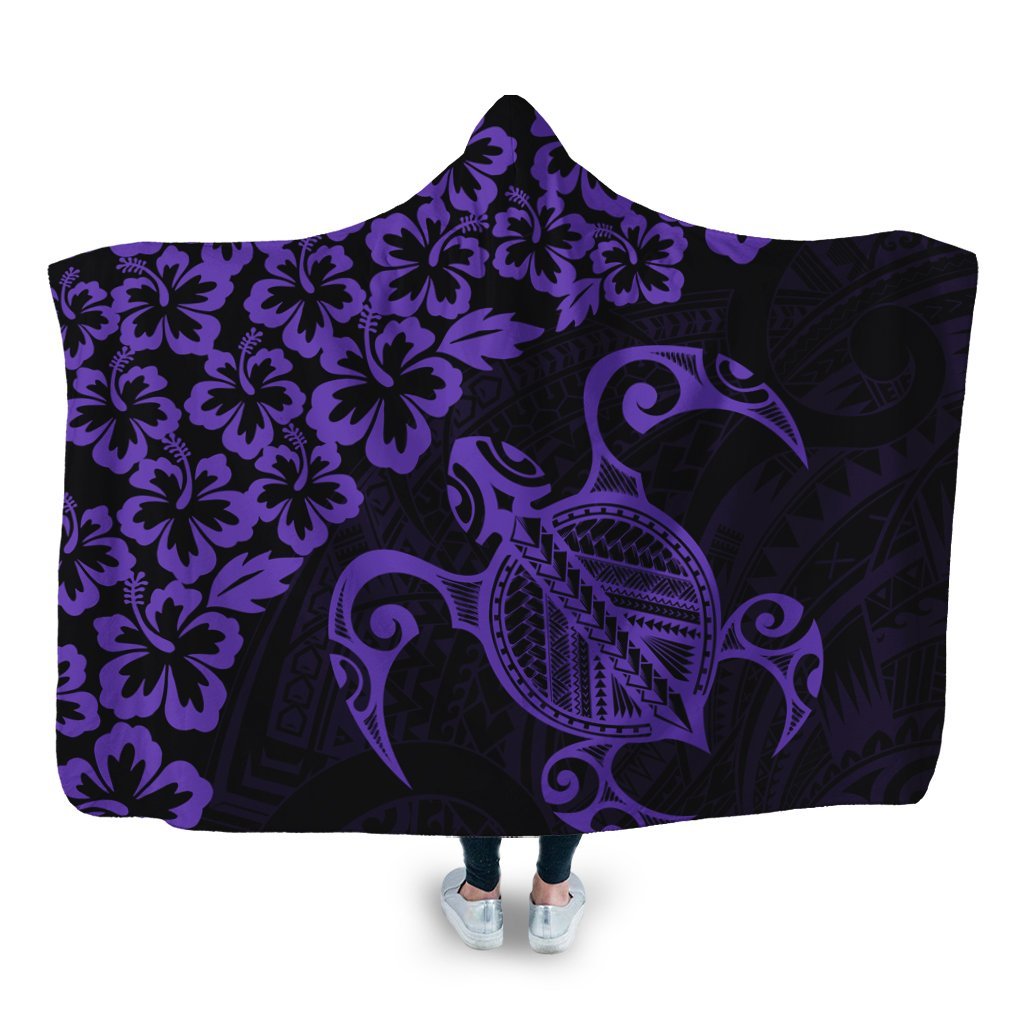 Hawaiian Map Turtle Hibiscus Kanaka Polynesian Hooded Blanket - Purple - AH Hooded Blanket White - Polynesian Pride