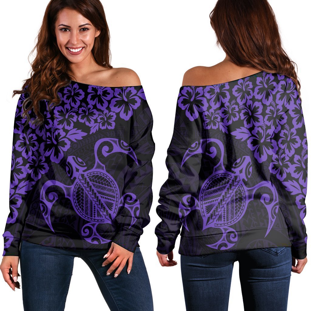 Hawaiian Map Turtle Hibiscus Kanaka Polynesian Women's Off Shoulder Sweater - Purple - AH Black - Polynesian Pride