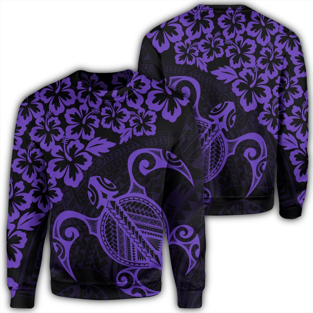 Hawaiian Map Turtle Hibiscus Kanaka Polynesian Sweatshirt - Purple - AH Unisex Black - Polynesian Pride