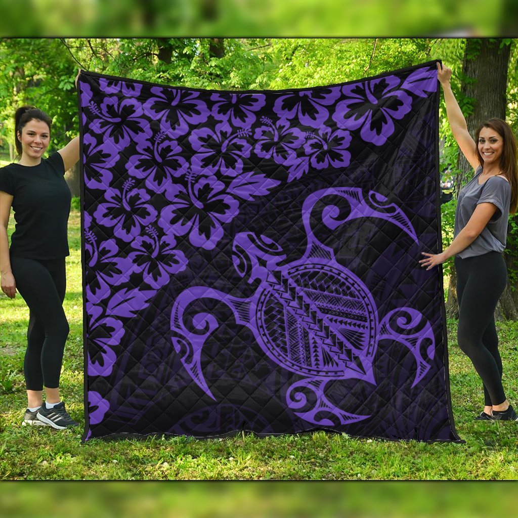 Hawaiian Map Turtle Hibiscus Kanaka Polynesian Premium Quilts - Purple - AH Black - Polynesian Pride