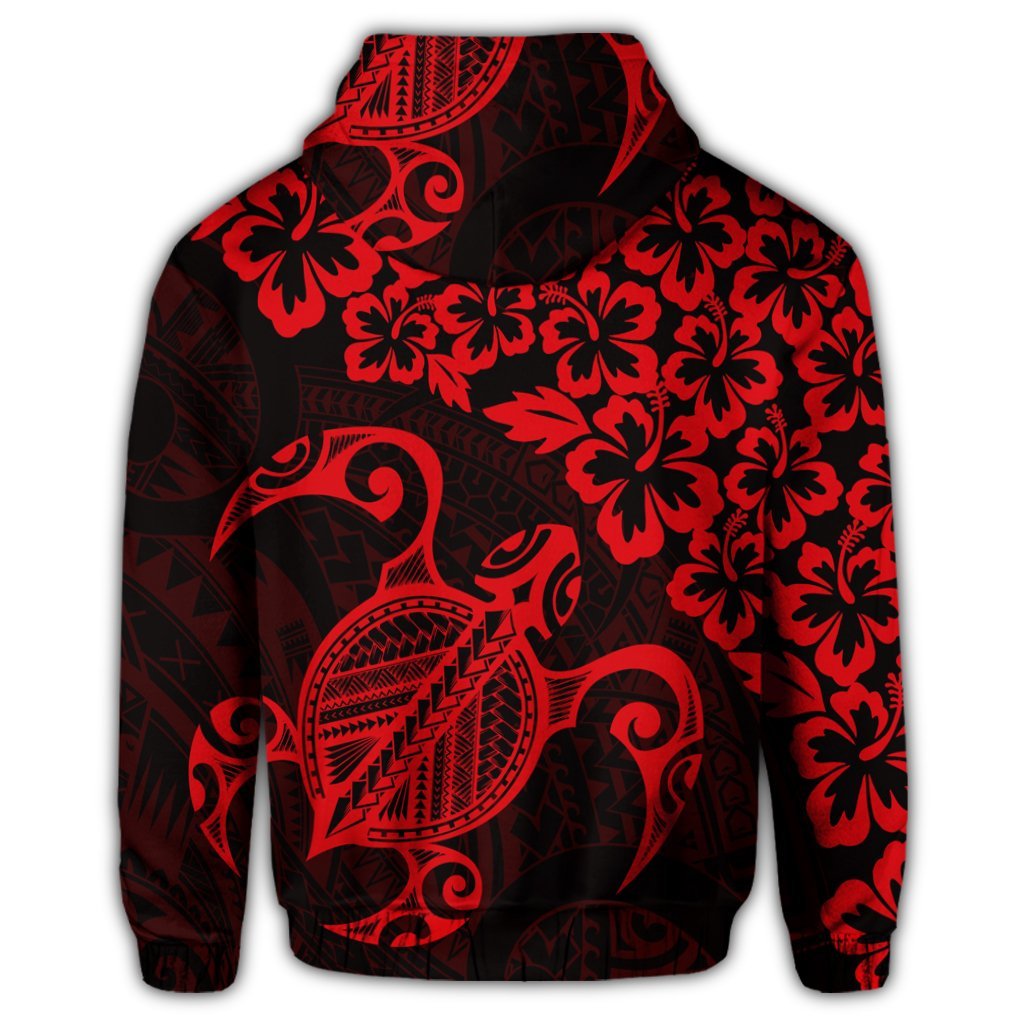 Hawaiian Map Turtle Hibiscus Kanaka Polynesian Hoodie Red - Polynesian Pride