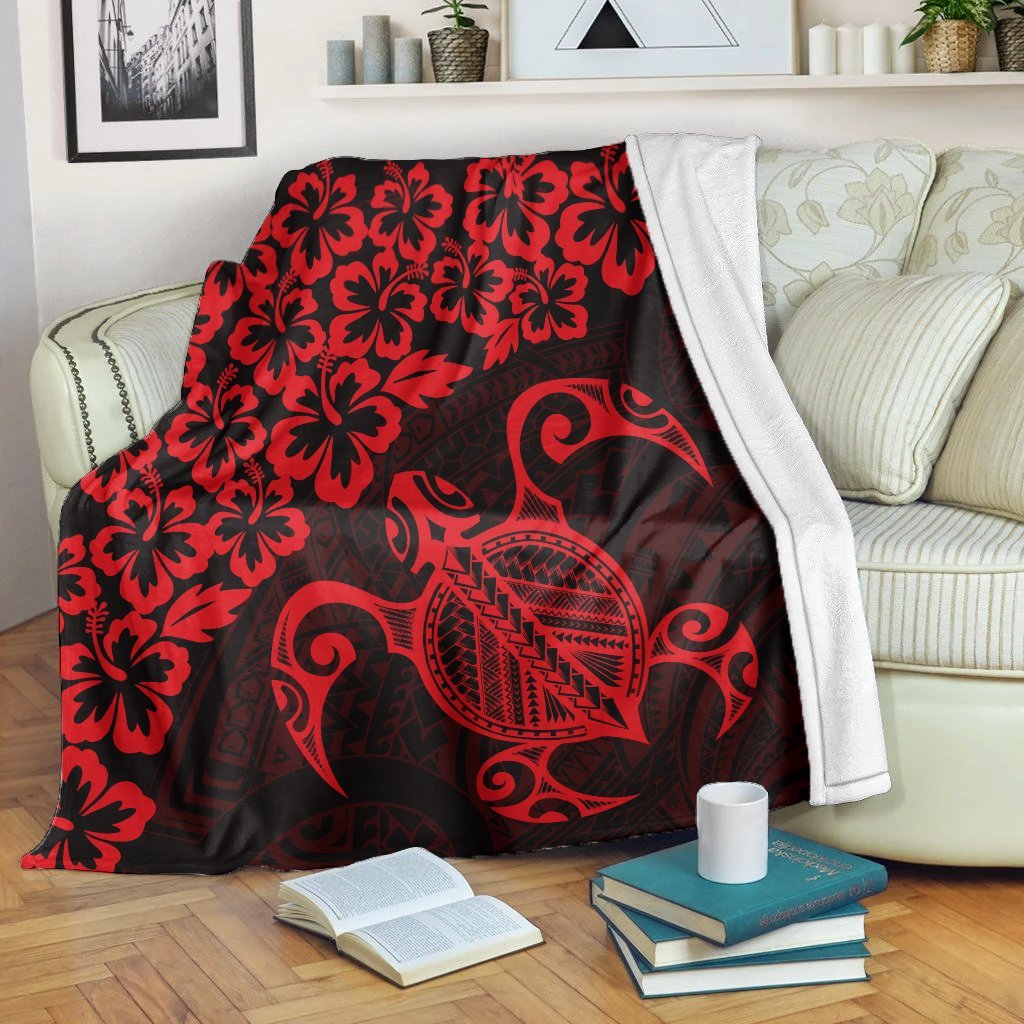 Hawaiian Map Turtle Hibiscus Kanaka Polynesian Premium Blankets - Red - AH White - Polynesian Pride