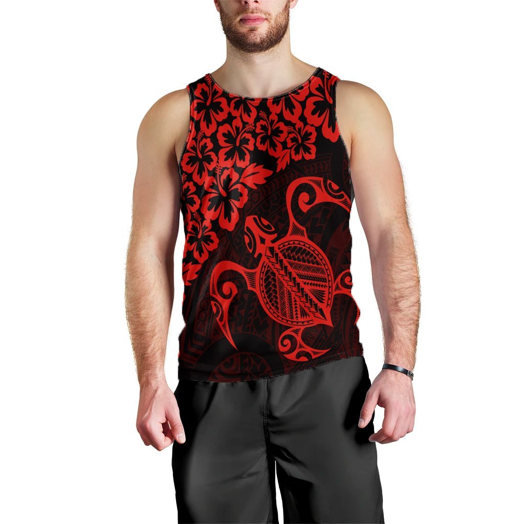 Hawaiian Map Turtle Hibiscus Kanaka Polynesian Tank Top - Red - AH Black - Polynesian Pride