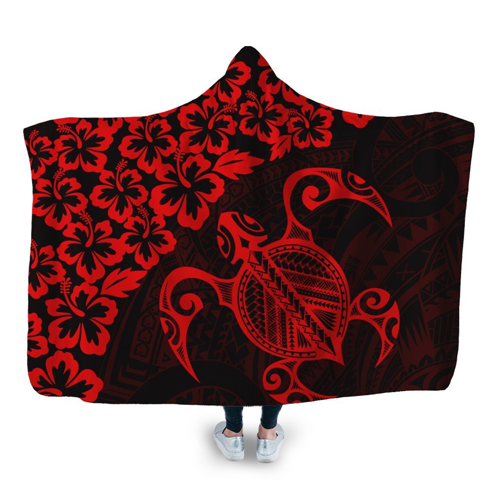 Hawaiian Map Turtle Hibiscus Kanaka Polynesian Hooded Blanket - Red - AH Hooded Blanket White - Polynesian Pride