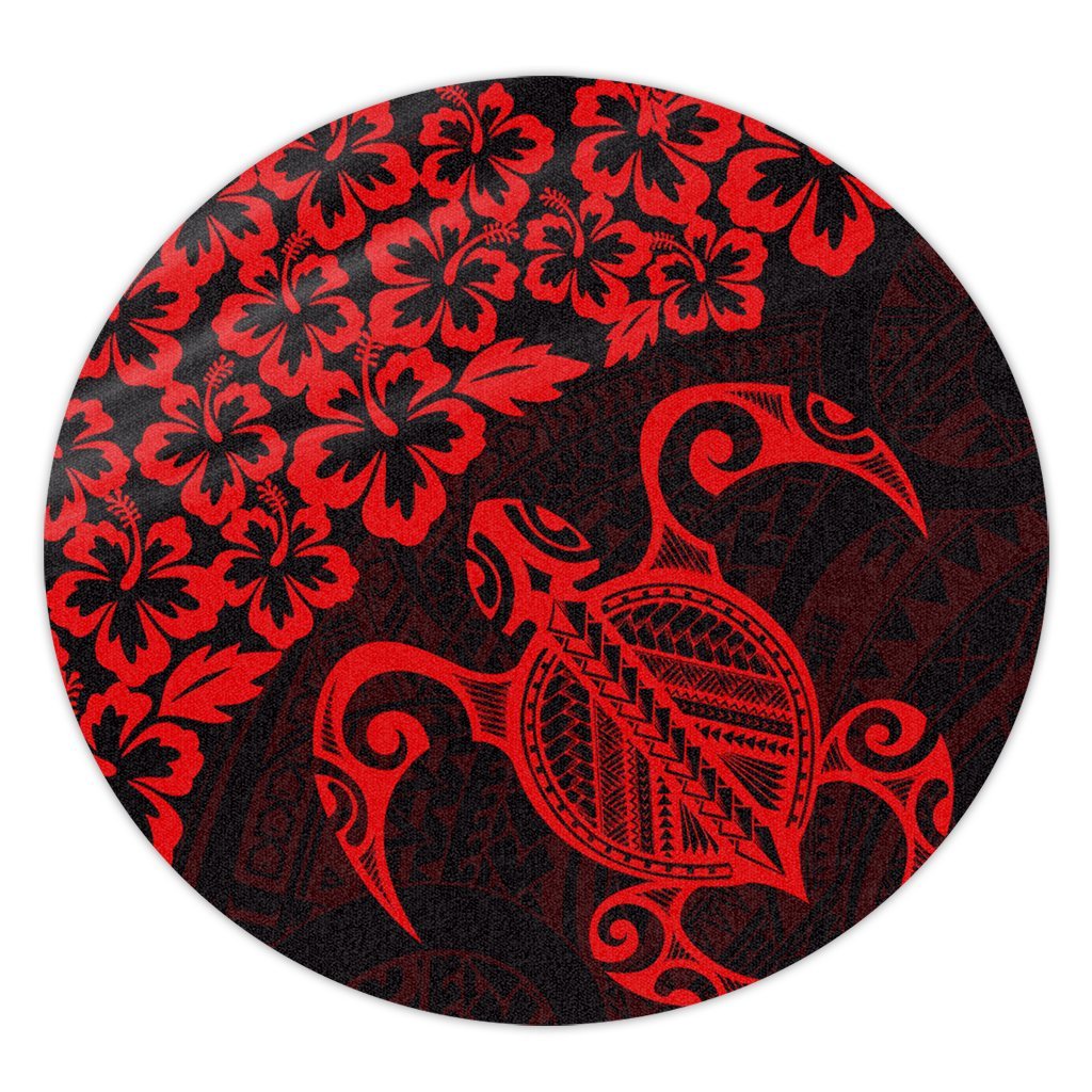 Hawaiian Map Turtle Hibiscus Kanaka Polynesian Round Carpet - Red - AH Round Carpet Luxurious Plush - Polynesian Pride