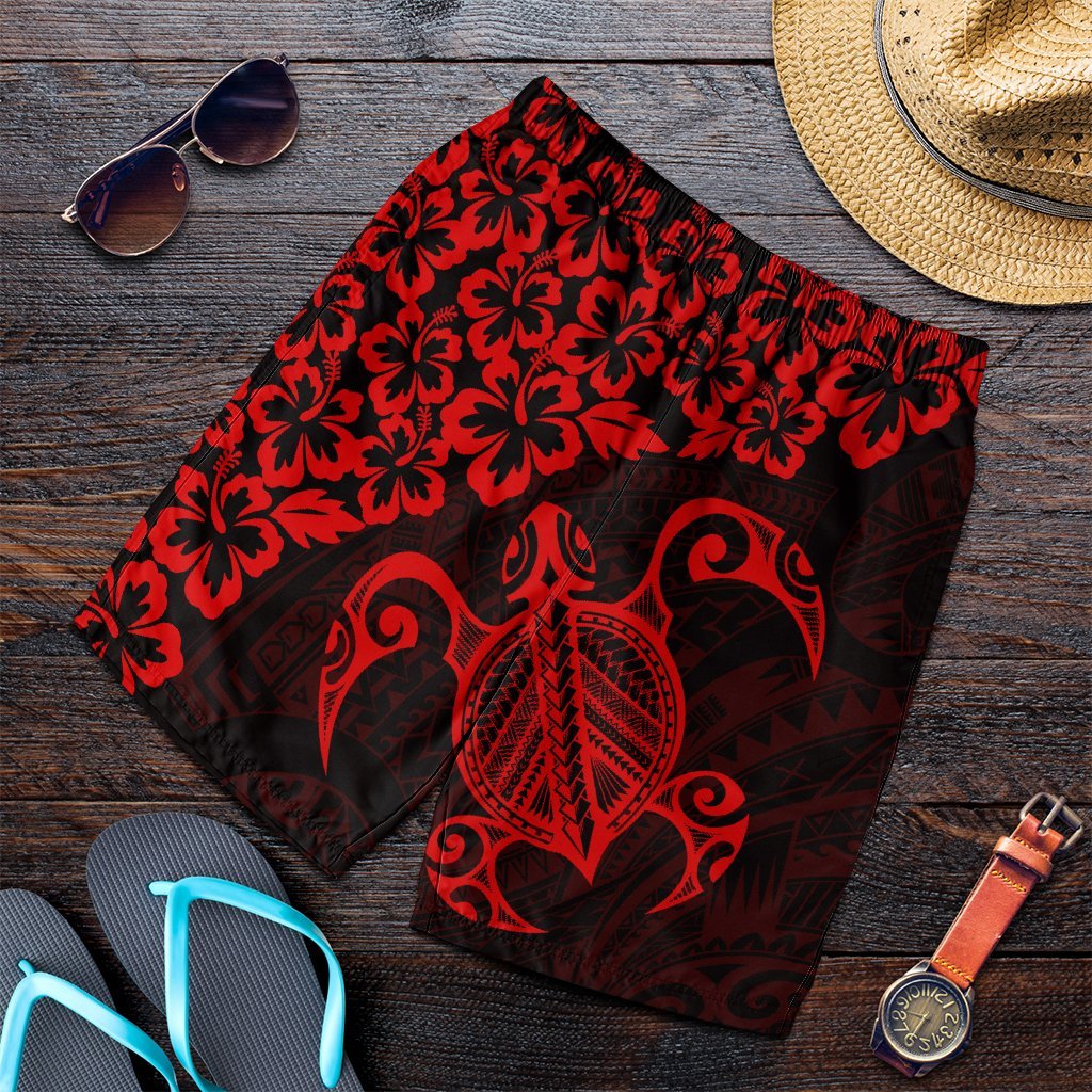Hawaiian Map Turtle Hibiscus Kanaka Polynesian Men's Shorts - Red - AH Art - Polynesian Pride