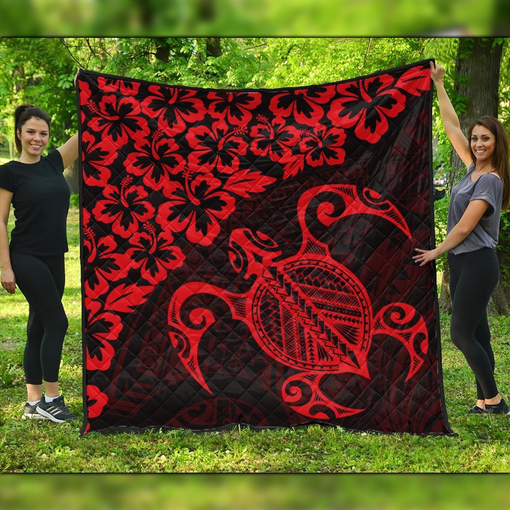 Hawaiian Map Turtle Hibiscus Kanaka Polynesian Premium Quilts - Red - AH Black - Polynesian Pride