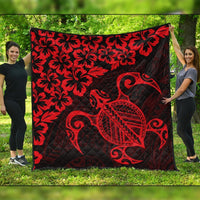 Hawaiian Map Turtle Hibiscus Kanaka Polynesian Premium Quilts - Red - AH Black - Polynesian Pride