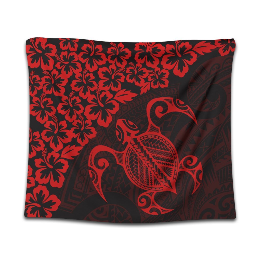 Hawaiian Map Turtle Hibiscus Kanaka Polynesian Tapestry - Red - AH Wall Tapestry Black - Polynesian Pride