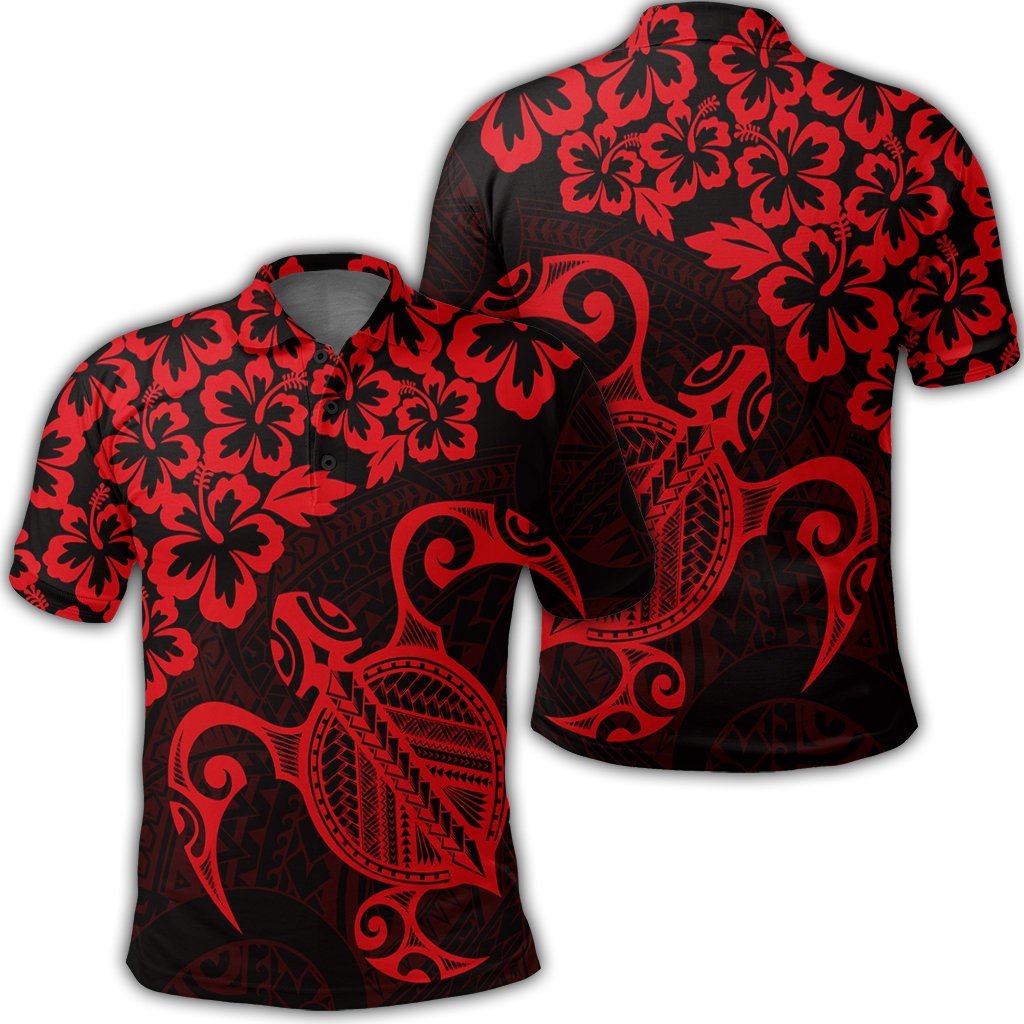 Hawaiian Map Turtle Hibiscus Kanaka Polynesian Polo Shirt Red Unisex Black - Polynesian Pride