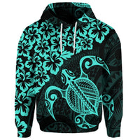 Custom Hawaiian Map Turtle Hibiscus Kanaka Polynesian Hoodie Turquoise - Polynesian Pride