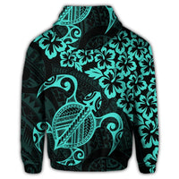 Hawaiian Map Turtle Hibiscus Kanaka Polynesian Zip Hoodie Turquoise - Polynesian Pride