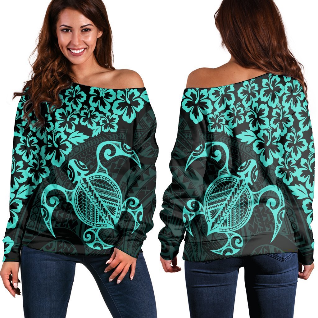 Hawaiian Map Turtle Hibiscus Kanaka Polynesian Women's Off Shoulder Sweater - Turquoise - AH Black - Polynesian Pride