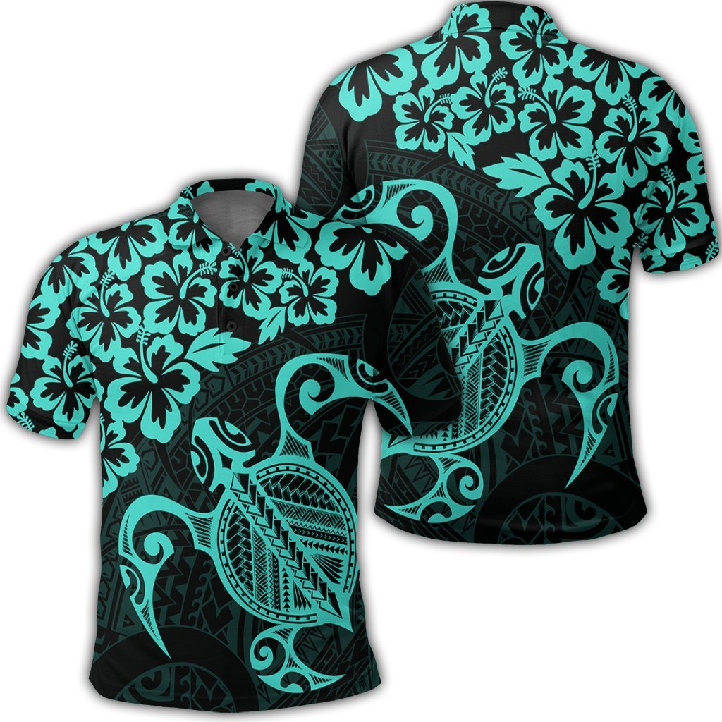 Hawaiian Map Turtle Hibiscus Kanaka Polynesian Polo Shirt Turquoise Unisex Black - Polynesian Pride