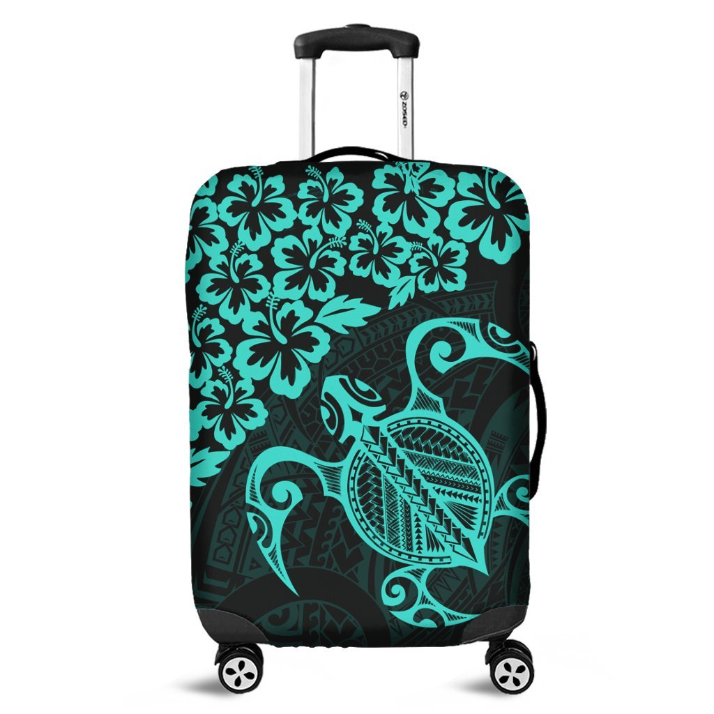 Hawaiian Map Turtle Hibiscus Kanaka Polynesian Luggage Covers - Turquoise - AH Black - Polynesian Pride