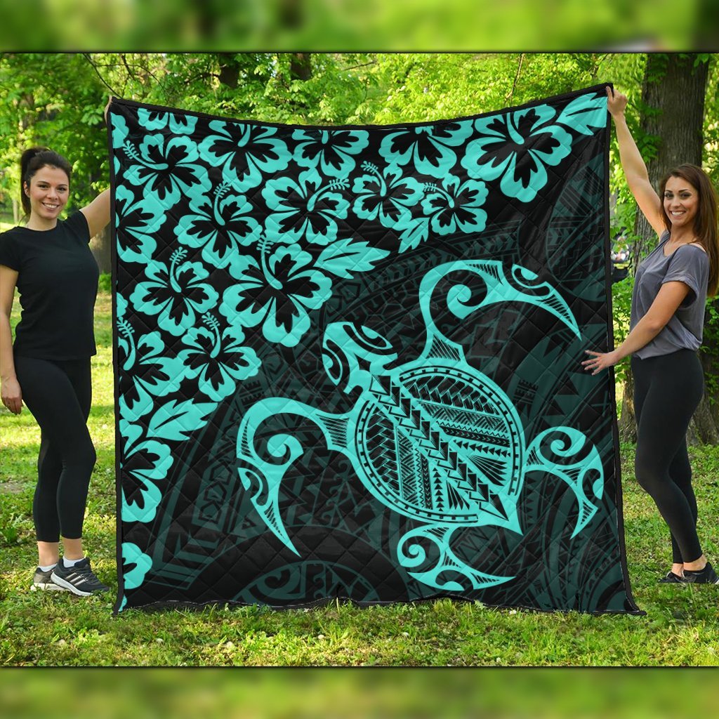 Hawaiian Map Turtle Hibiscus Kanaka Polynesian Premium Quilts - Turquoise - AH Black - Polynesian Pride