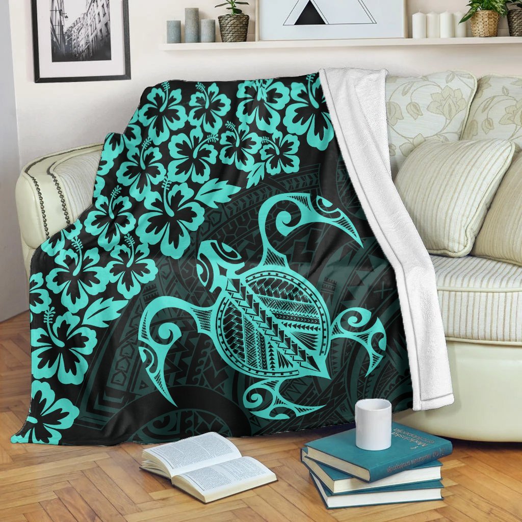 Hawaiian Map Turtle Hibiscus Kanaka Polynesian Premium Blankets - Turquoise - AH White - Polynesian Pride