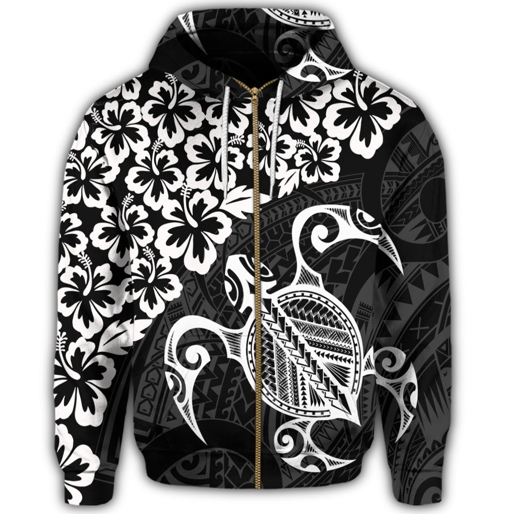 Hawaiian Map Turtle Hibiscus Kanaka Polynesian Zip Hoodie White - Polynesian Pride