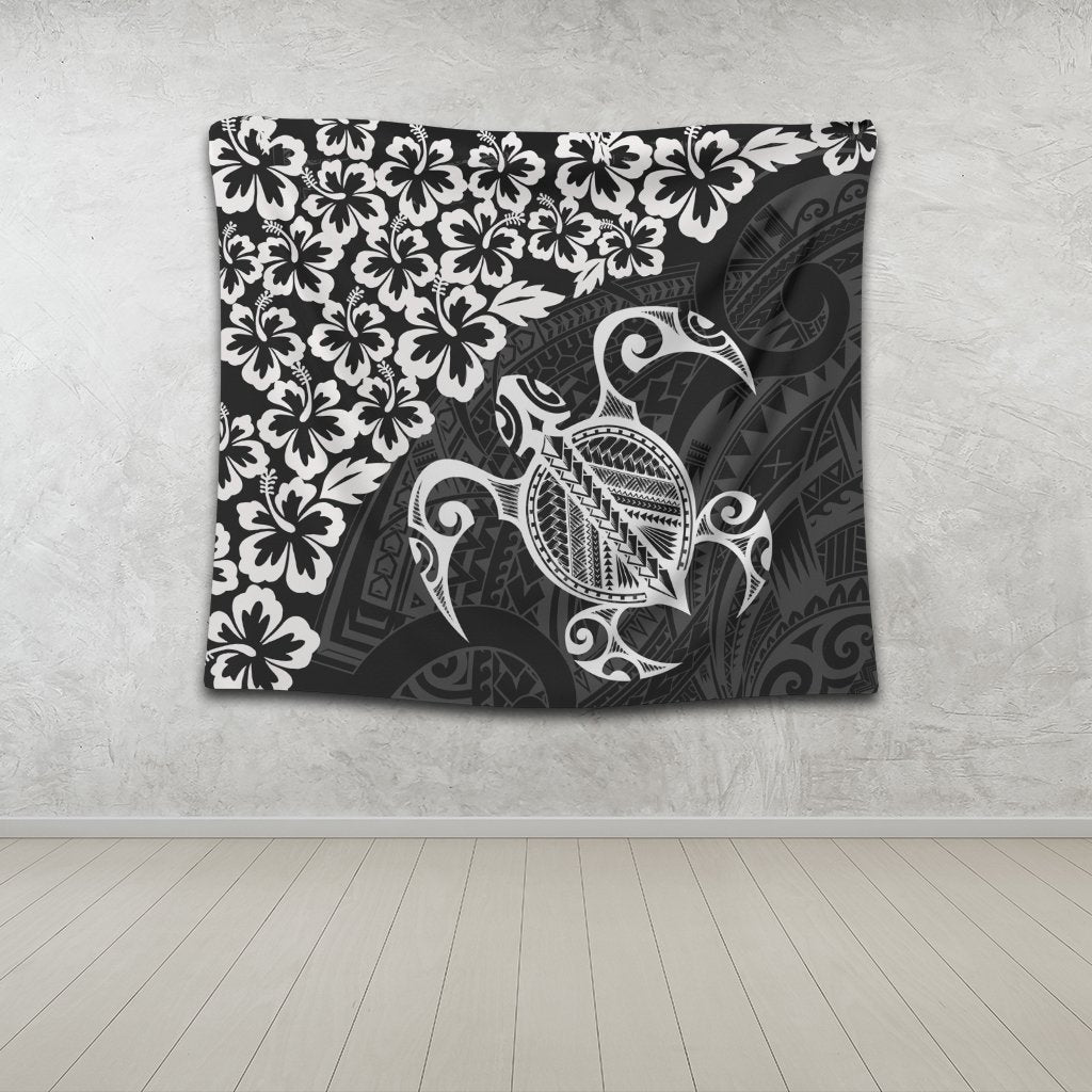 Hawaiian Map Turtle Hibiscus Kanaka Polynesian Tapestry - White - AH - Polynesian Pride