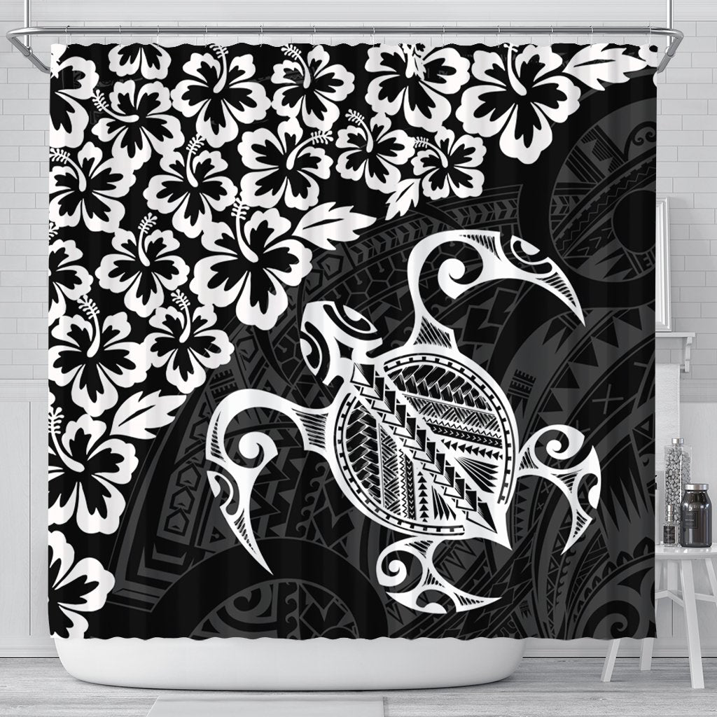 Hawaiian Map Turtle Hibiscus Kanaka Polynesian Shower Curtain - White - AH 177 x 172 (cm) Black - Polynesian Pride