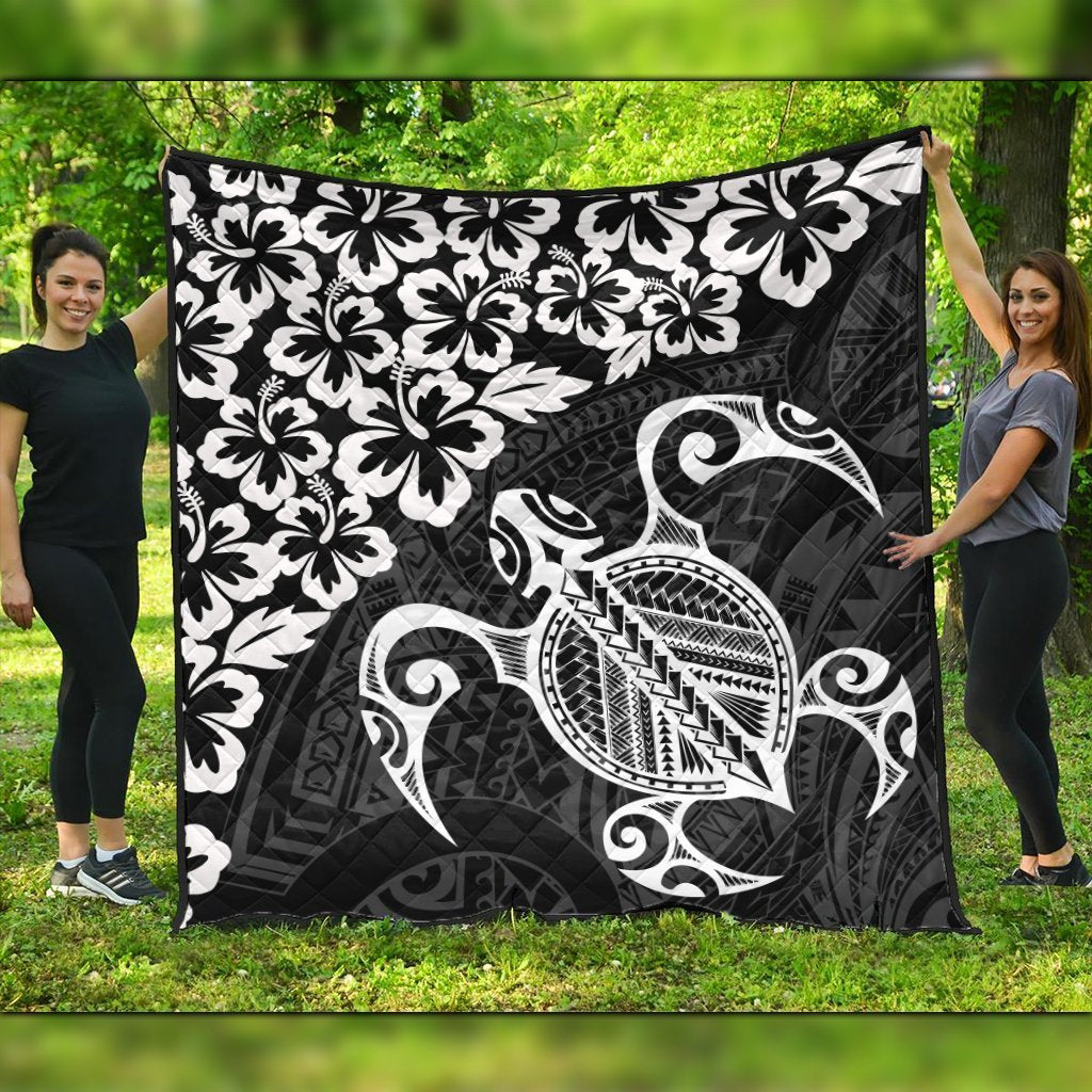 Hawaiian Map Turtle Hibiscus Kanaka Polynesian Premium Quilts - White - AH Black - Polynesian Pride