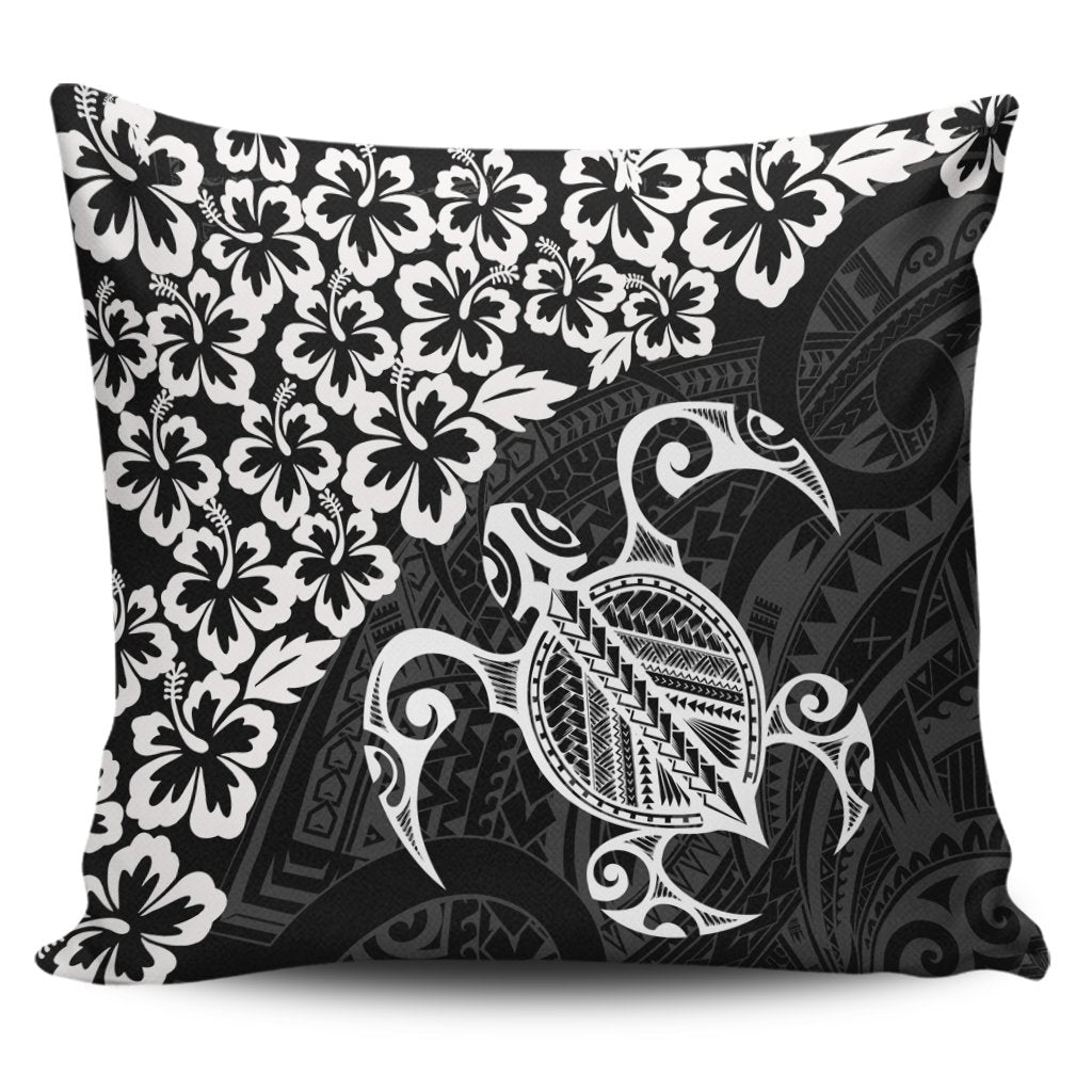 Hawaiian Map Turtle Hibiscus Kanaka Polynesian Pillow Covers - White - AH Pillow Covers Black - Polynesian Pride