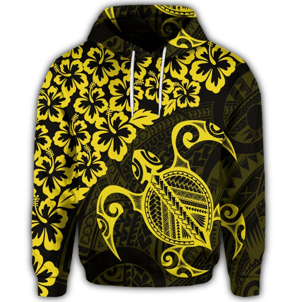 Hawaiian Map Turtle Hibiscus Kanaka Polynesian Hoodie Yellow - Polynesian Pride
