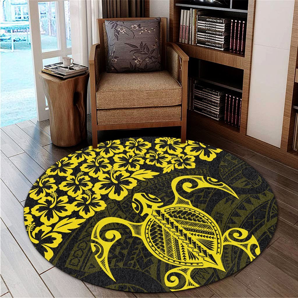 Hawaiian Map Turtle Hibiscus Kanaka Polynesian Round Carpet - Yellow - AH - Polynesian Pride
