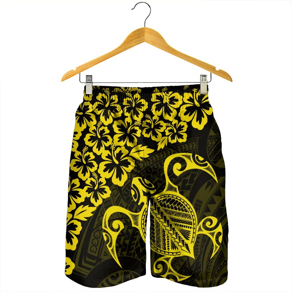 Hawaiian Map Turtle Hibiscus Kanaka Polynesian Men's Shorts - Yellow - AH - Polynesian Pride