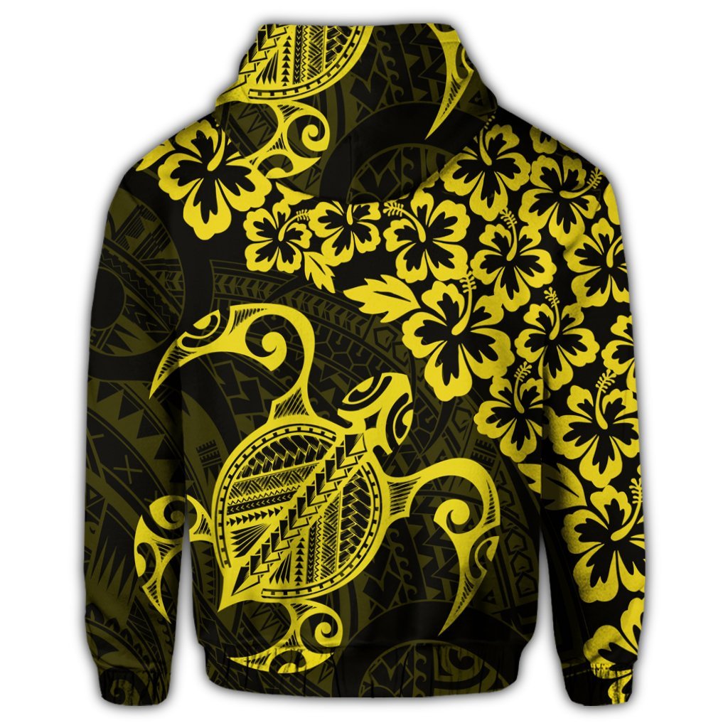 Hawaiian Map Turtle Hibiscus Kanaka Polynesian Zip Hoodie Yellow - Polynesian Pride