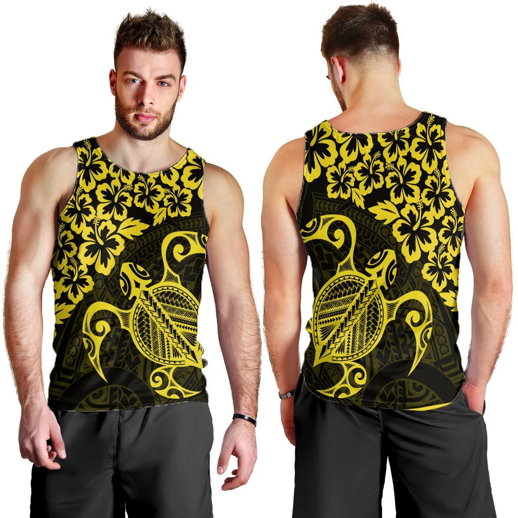 Hawaiian Map Turtle Hibiscus Kanaka Polynesian Tank Top - Yellow - AH - Polynesian Pride