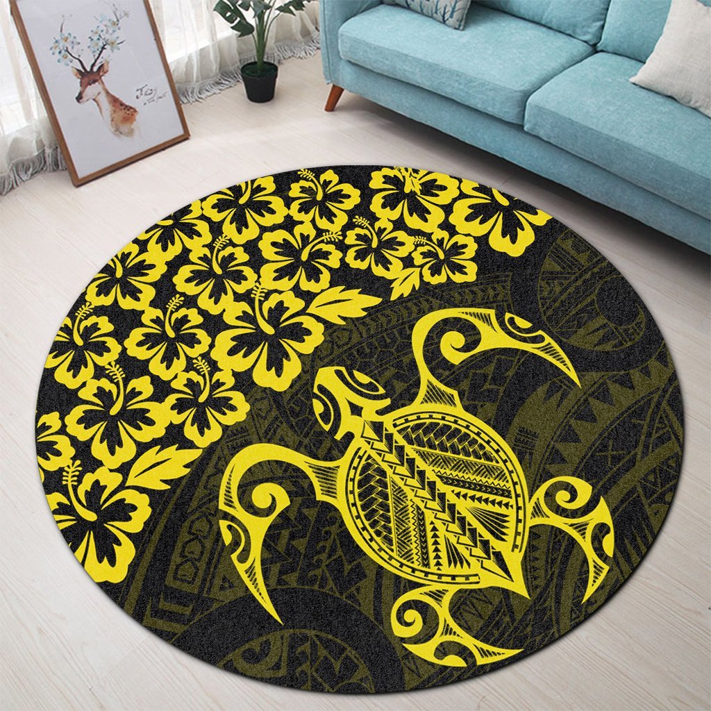 Hawaiian Map Turtle Hibiscus Kanaka Polynesian Round Carpet - Yellow - AH - Polynesian Pride