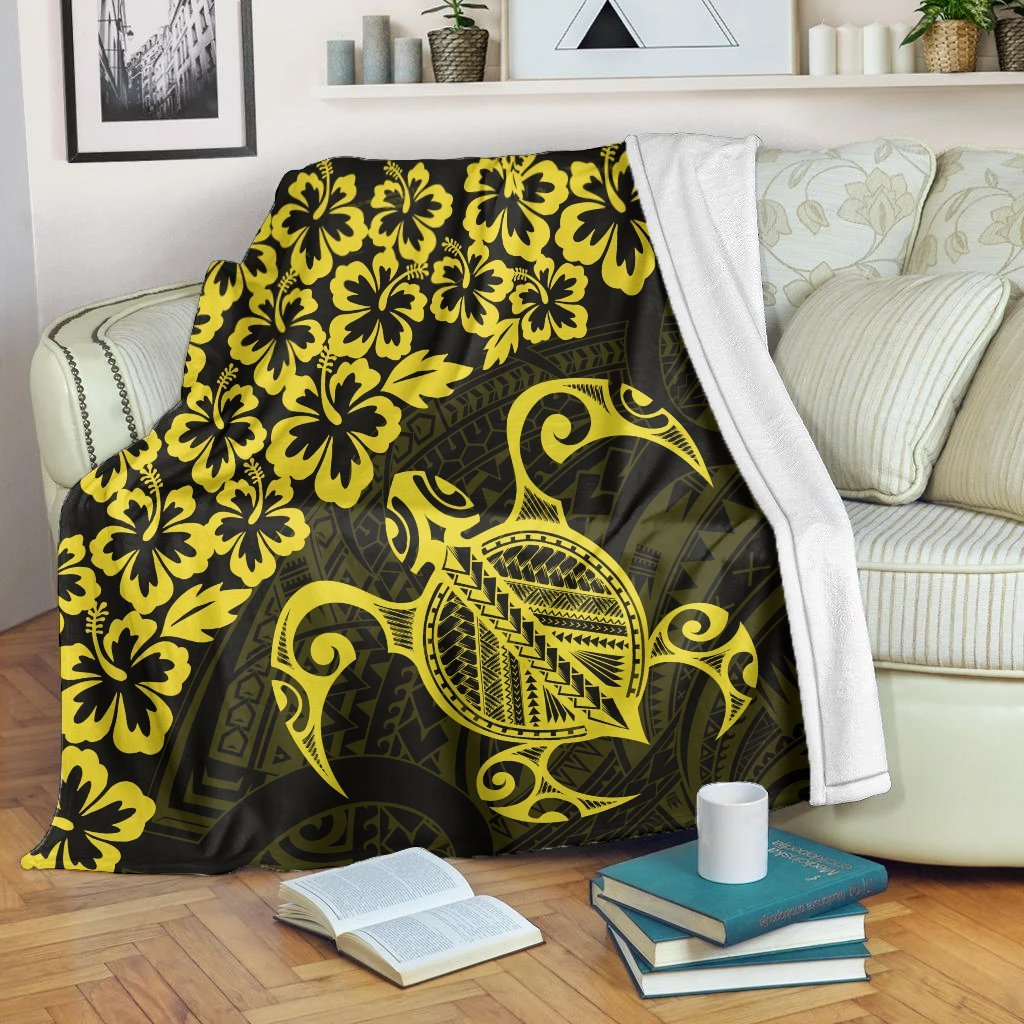 Hawaiian Map Turtle Hibiscus Kanaka Polynesian Premium Blankets - Yellow - AH White - Polynesian Pride