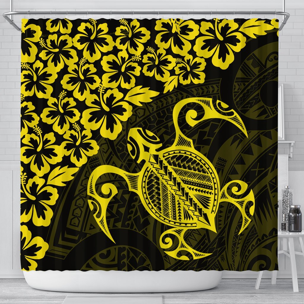 Hawaiian Map Turtle Hibiscus Kanaka Polynesian Shower Curtain - Yellow - AH 177 x 172 (cm) Black - Polynesian Pride