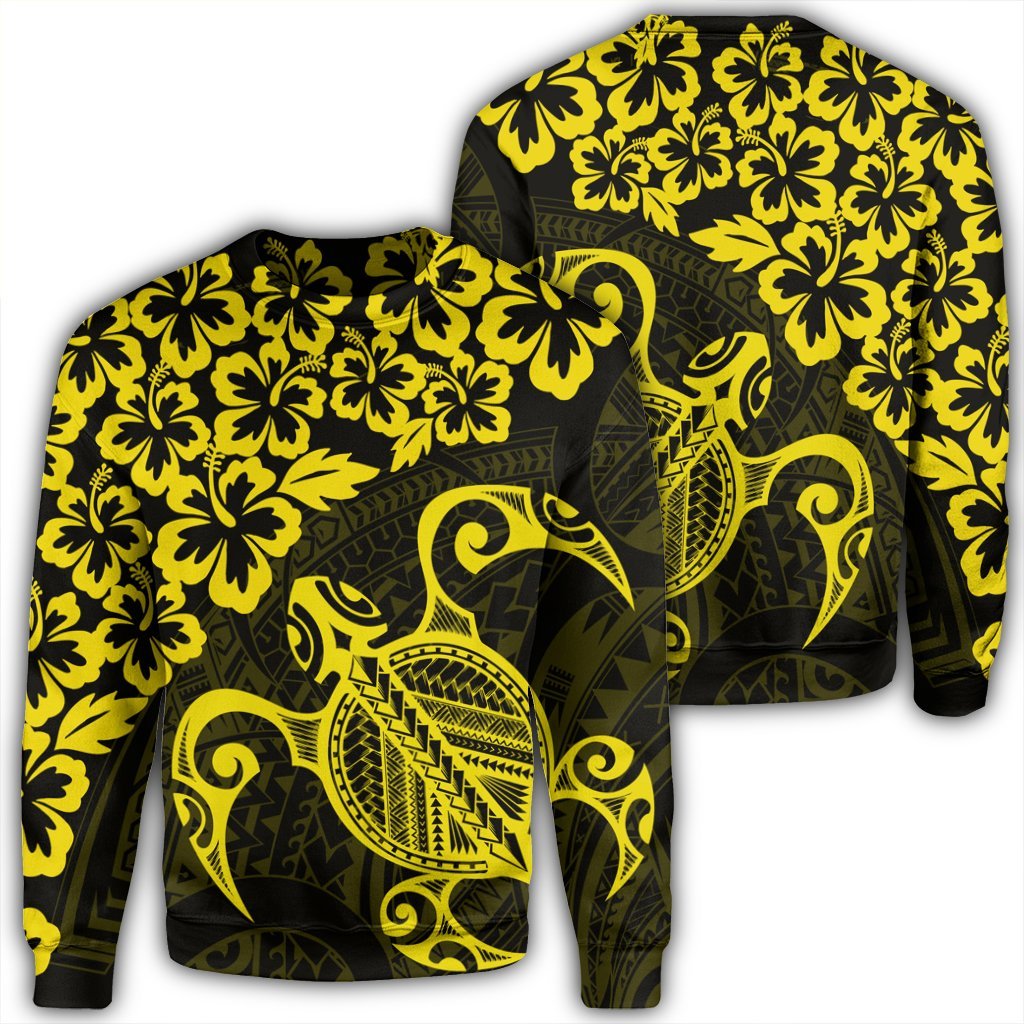 Hawaiian Map Turtle Hibiscus Kanaka Polynesian Sweatshirt - Yellow - AH Unisex Black - Polynesian Pride
