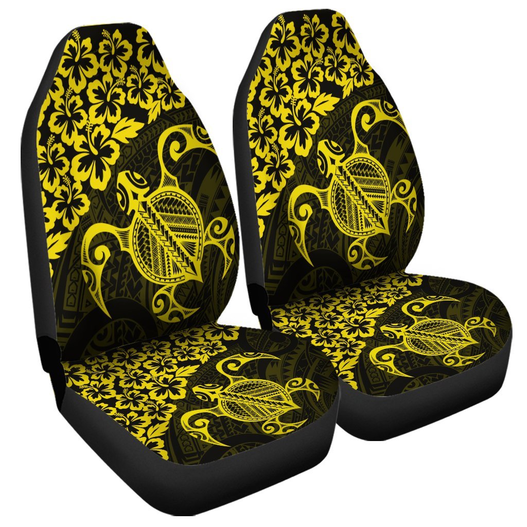 Hawaiian Map Turtle Hibiscus Kanaka Polynesian Car Seat Covers - Yellow - AH Universal Fit Black - Polynesian Pride