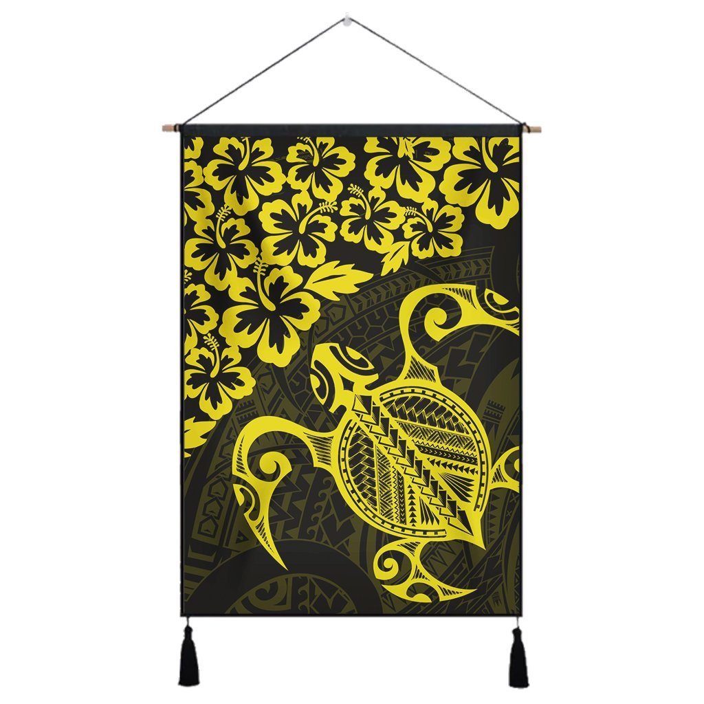 Hawaiian Map Turtle Hibiscus Kanaka Polynesian Hanging Poster - Yellow - AH Hanging Poster Cotton And Linen - Polynesian Pride